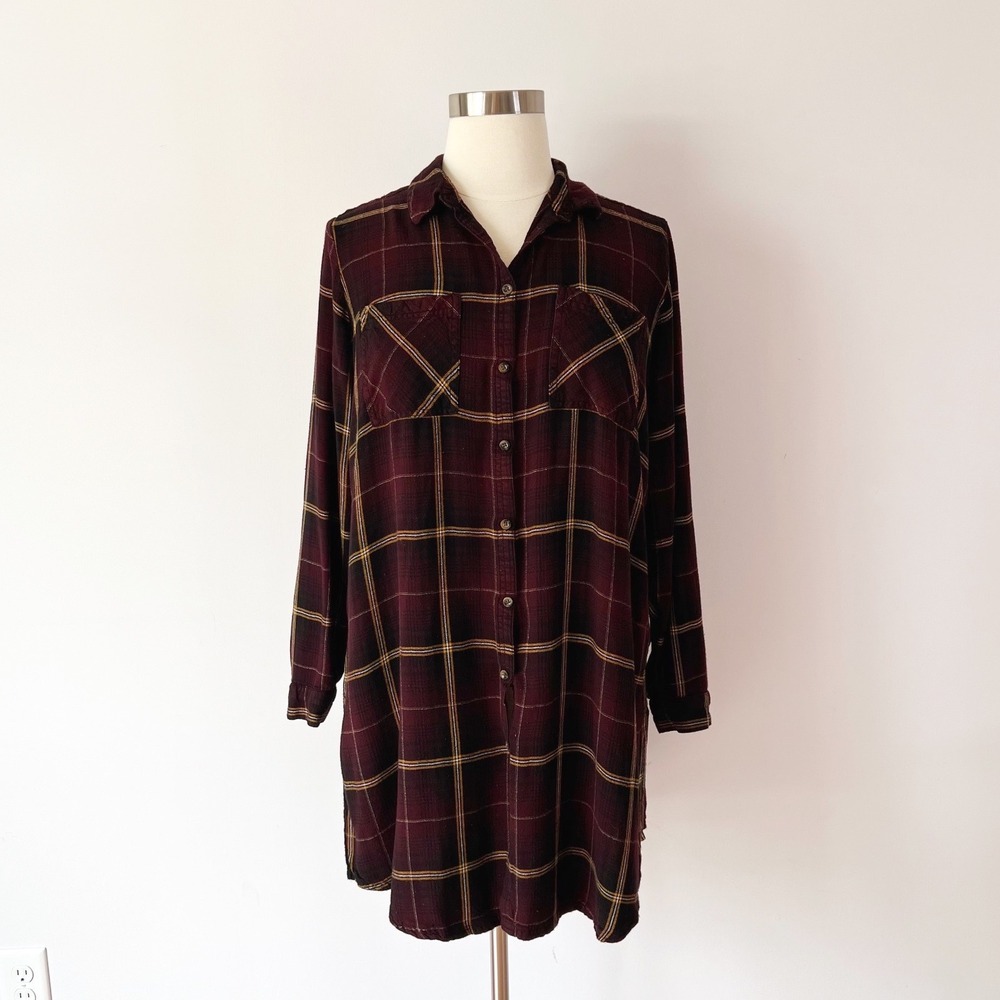 Maurices Duster Shirt Burgundy Plaid Relaxed Fit Button Down Rayon Top Size 2X